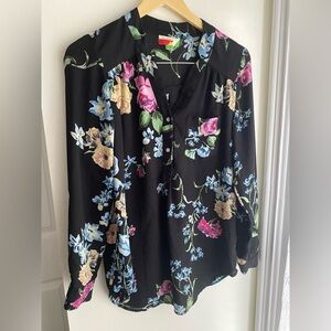 Fervour ModCloth Chiffon Floral Black Blouse Long Sleeve Button Down Top Small